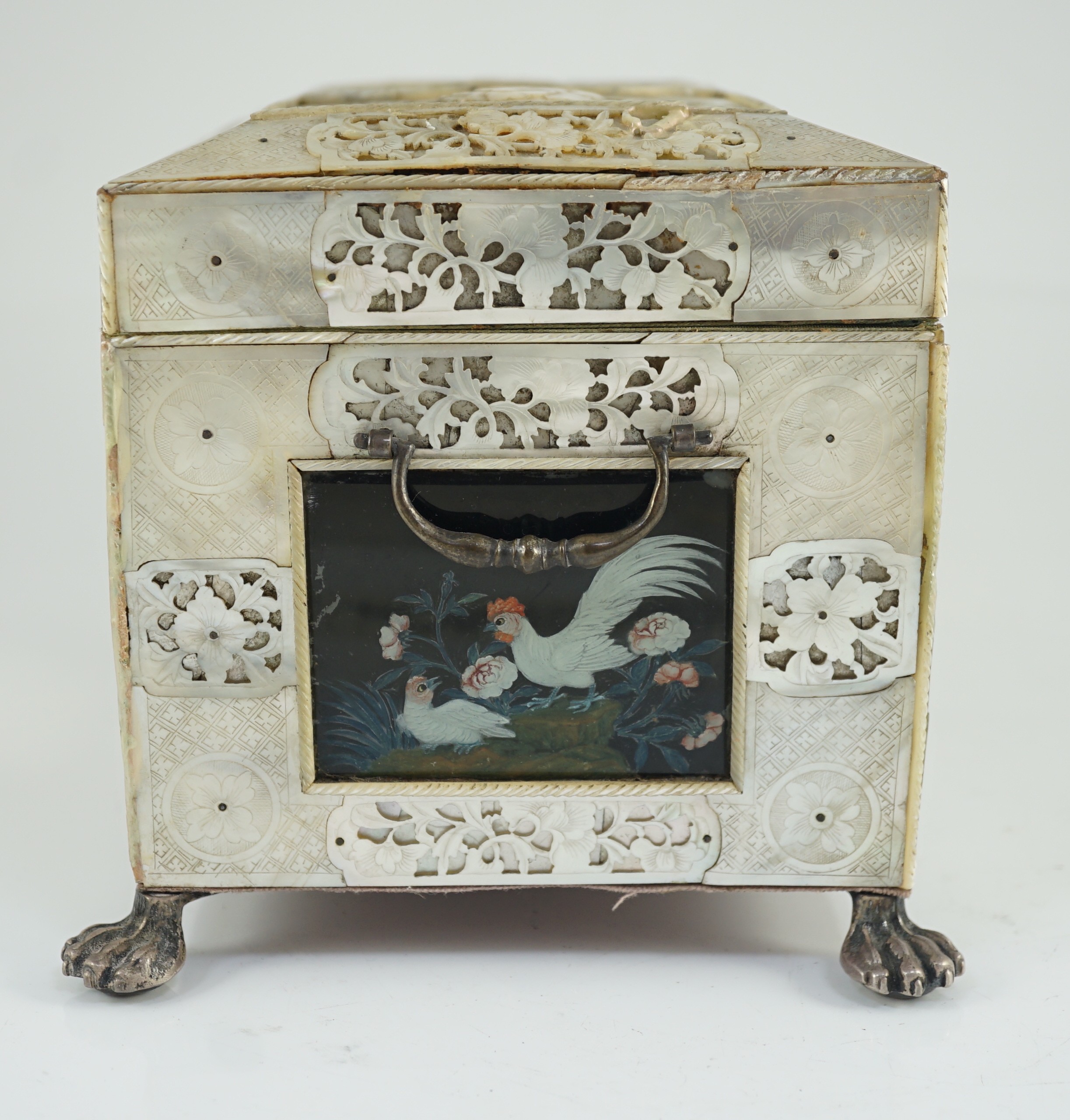 A rare Chinese export mother-of-pearl and reverse painted glass mounted casket, late 18th century, 27.5cm wide at feet, 15.5cm high, some damage